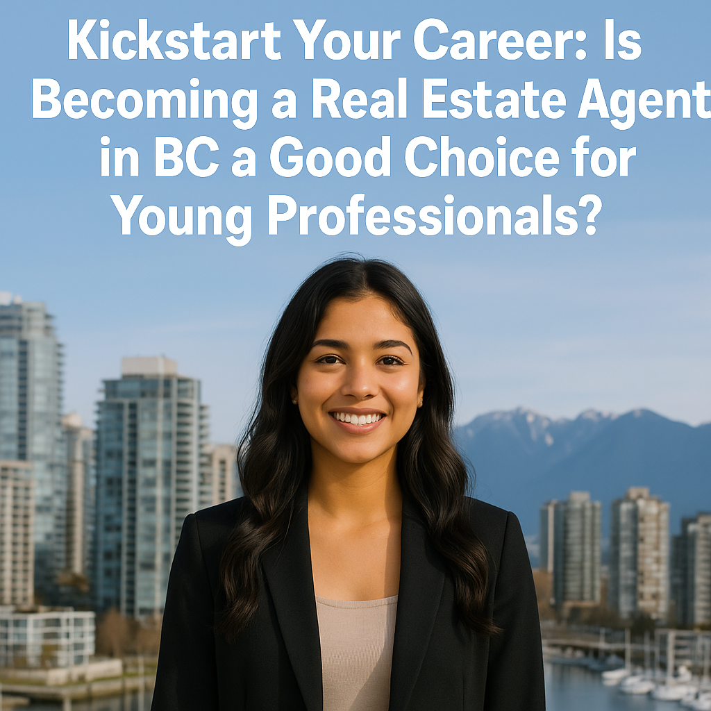  A young professional woman in a blazer smiles confidently against the Vancouver skyline with snow-capped mountains in the background, under a header text promoting a career in BC real estate for young professionals.